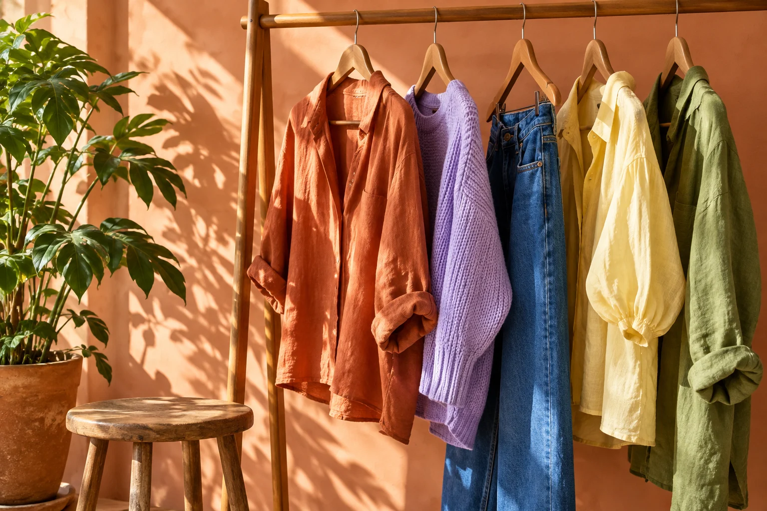 Um cabideiro de madeira com roupas coloridas sob a luz do sol